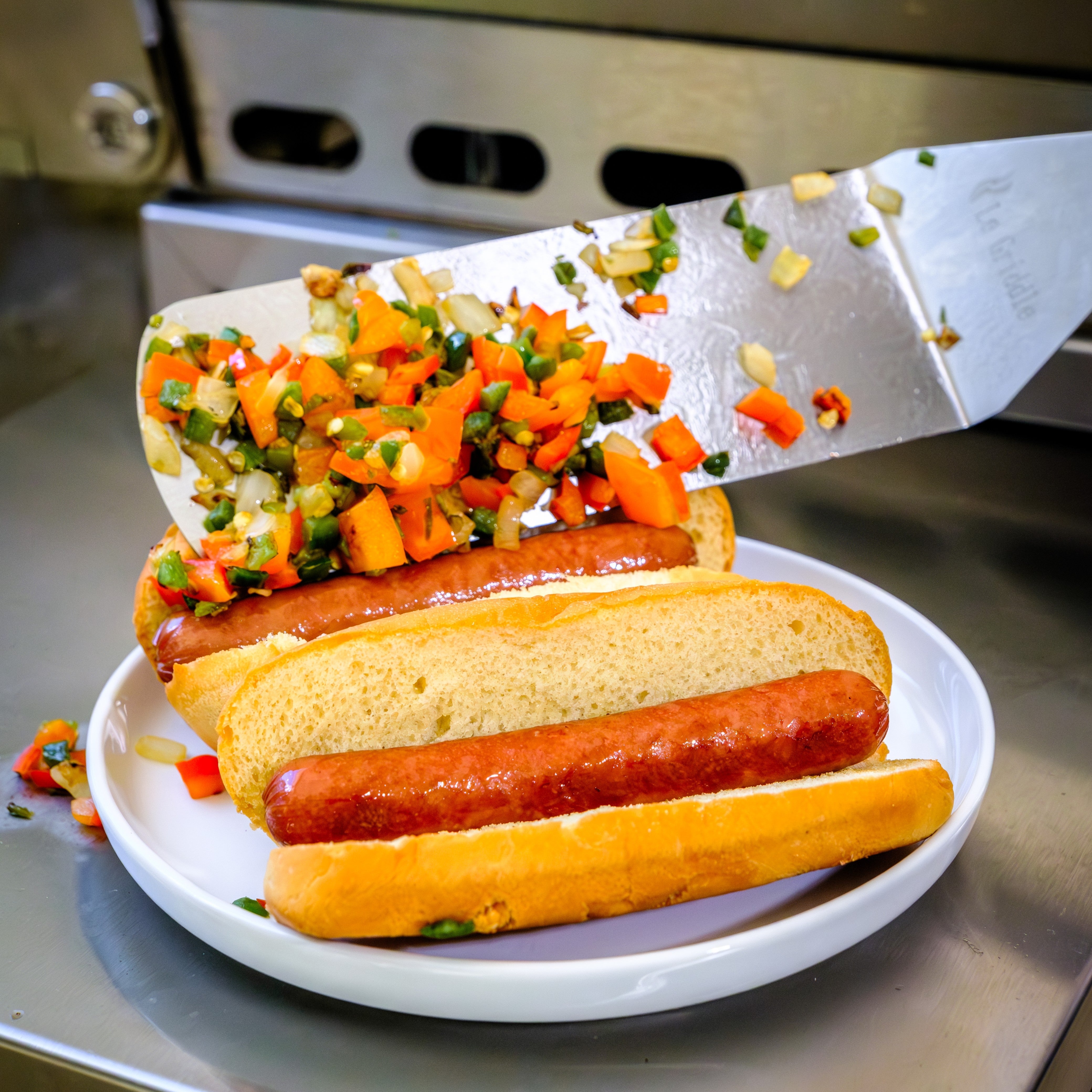 Griddled Hot Dogs with Peppers & Onions